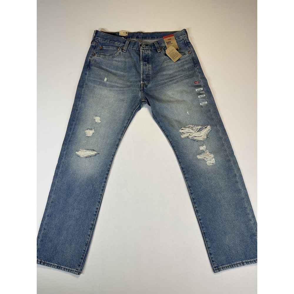 Levis 501 Original Jeans Mens 34x30 Distressed Light Wash Button Fly NWT